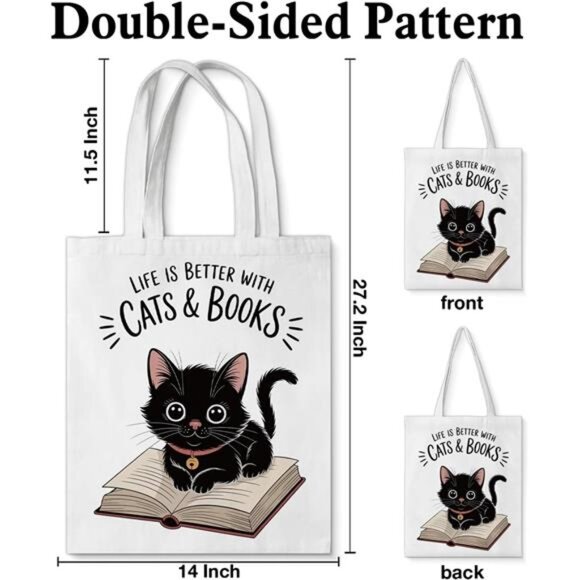 Cute Cat Canvas Tote Bag Aesthetic Reusable Shoulder Bag for Cat Lovers - Picture 2 of 5